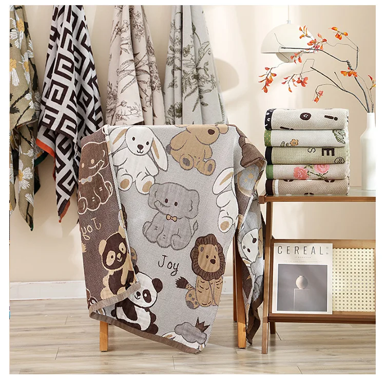 Cotton Gauze Bath Towel Geometry Floral Animal Pattern Bath Towel For Home Bathroom Soft Absorb Water Shower Beach Wrapped Towel