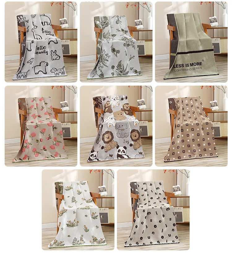 Cotton Gauze Bath Towel Geometry Floral Animal Pattern Bath Towel For Home Bathroom Soft Absorb Water Shower Beach Wrapped Towel